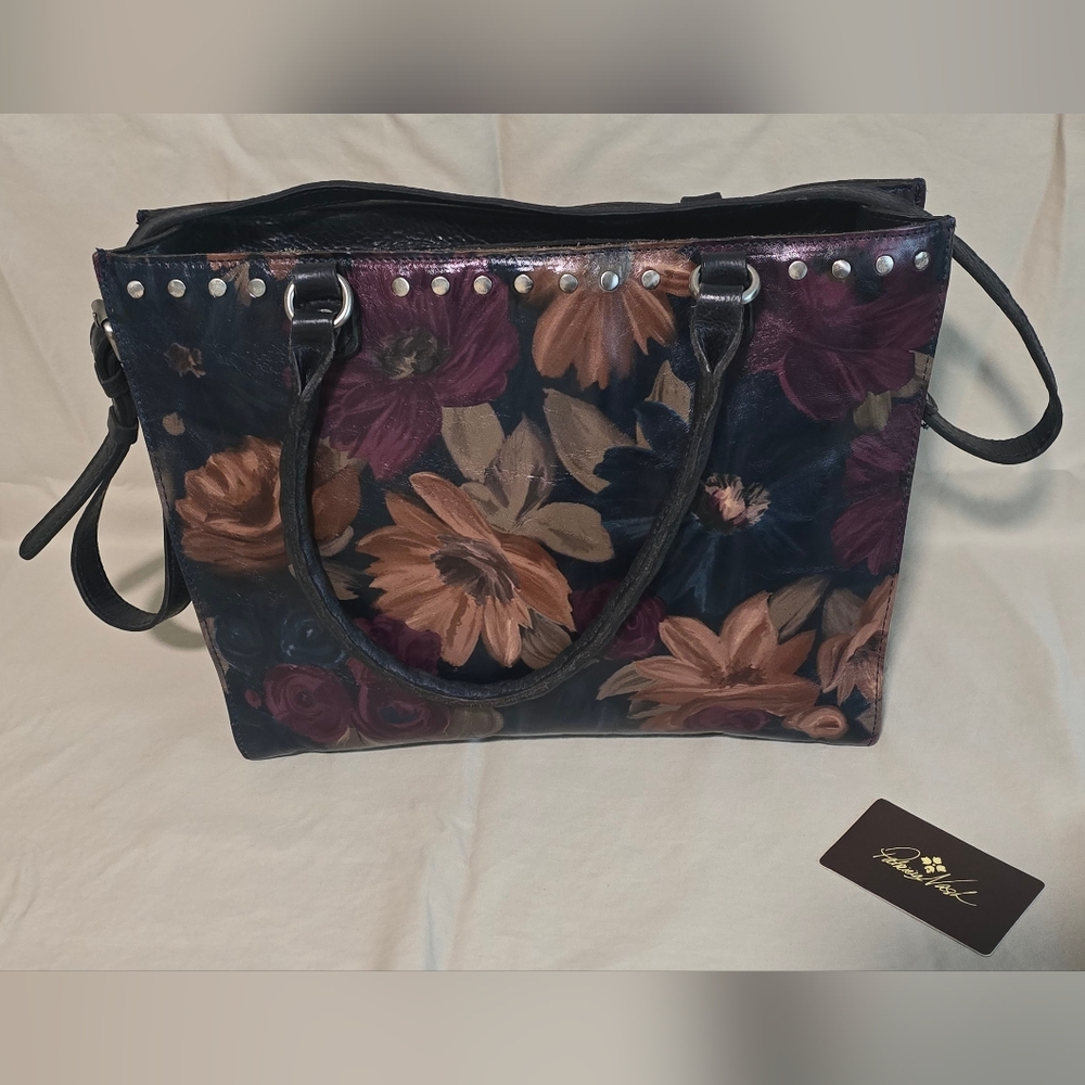 Floral Patent Leather Tote Bag in Burgundy and Tan